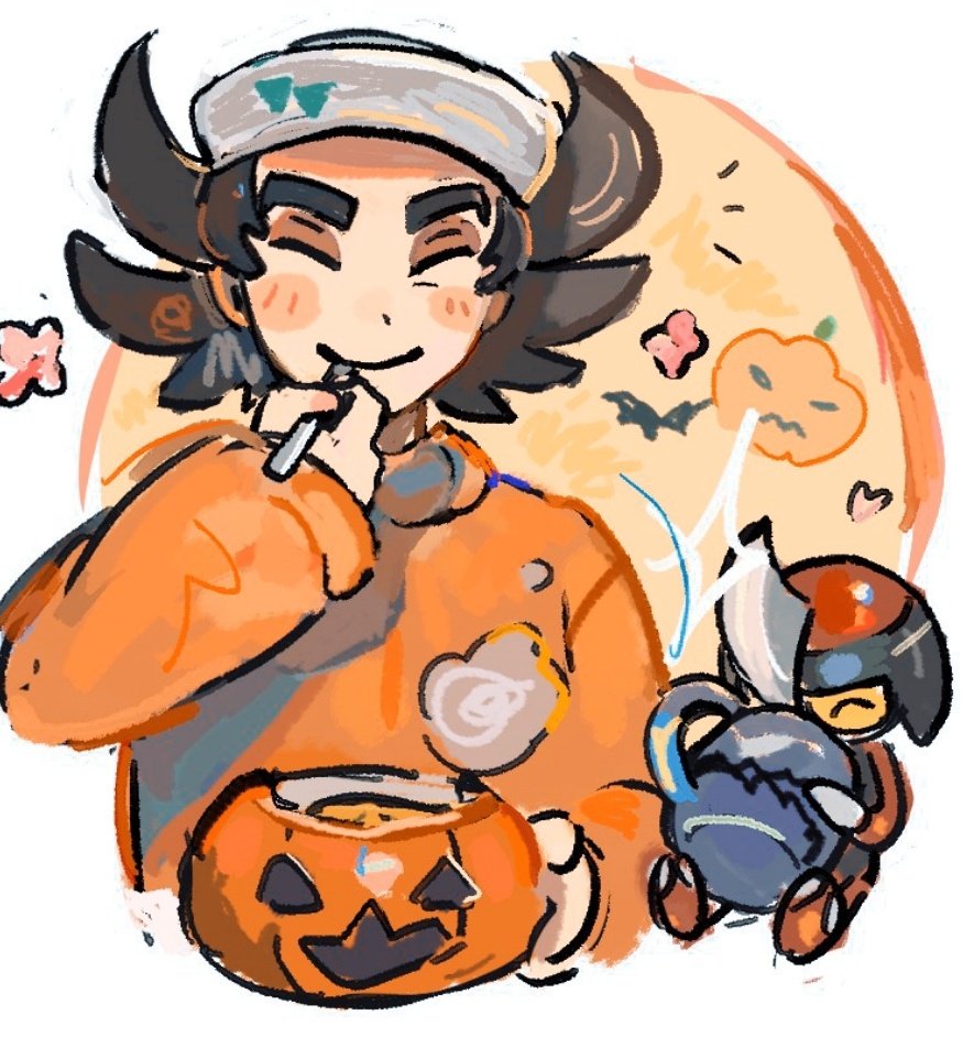 homes3eethome, giacomo (pokemon), pawniard, nintendo, pokemon, pokemon sv, 1boy, alternate costume, baseball cap, closed eyes, gen 5 pokemon, hat, looking at viewer, male focus, orange sweater, pointy hair, pokemon (creature), pumpkin, short hair, simple background, sitting, smile, spoon, sweater, upper body, white background
