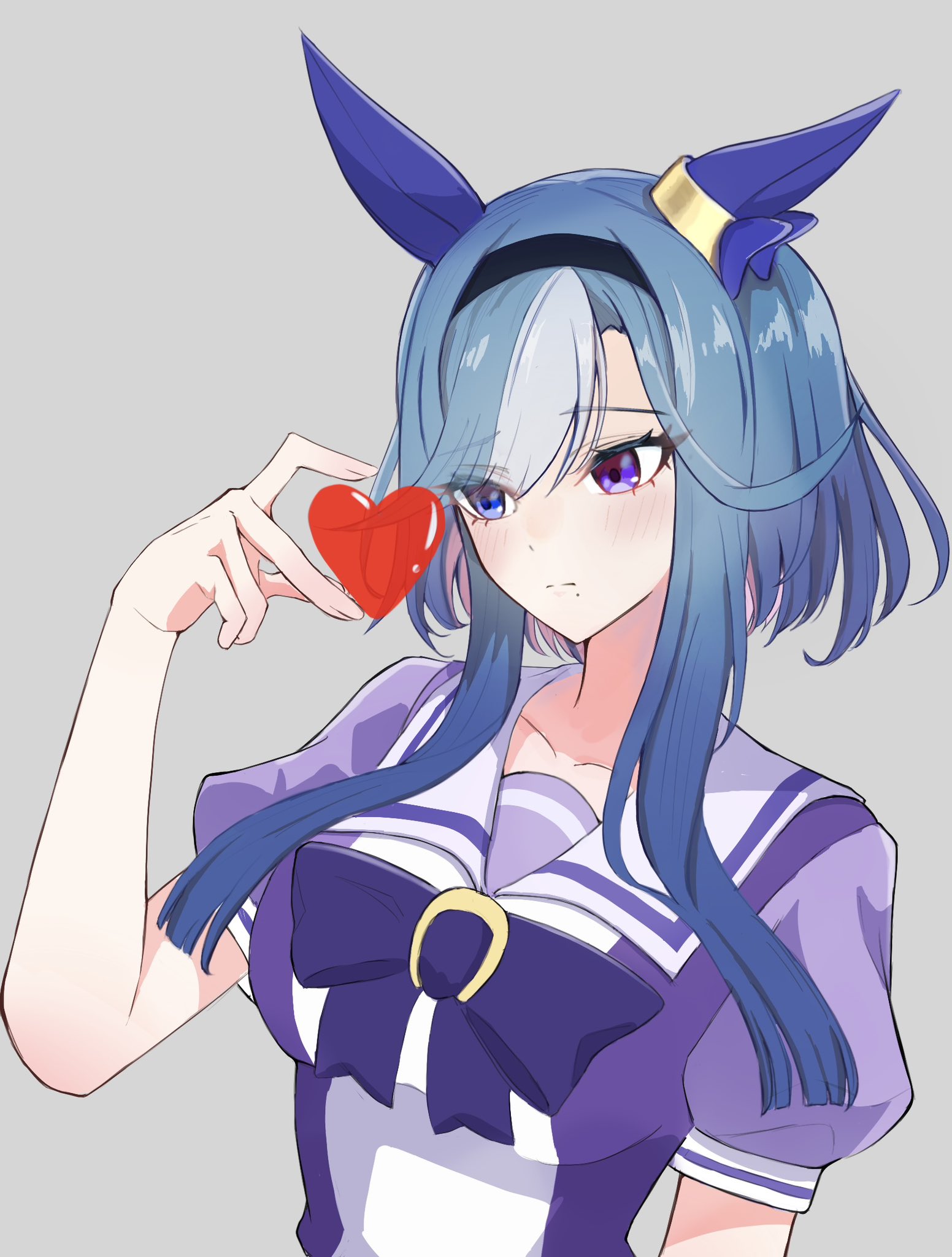 umamusume, highres, 1girl, admire groove (racehorse), animal ears, blue hair, collarbone, ear covers, finger heart, grey background, heart, heterochromia, horse ears, horse girl, purple shirt, sailor collar, sailor shirt, school uniform, shirt, shoutz wa, solo, tracen school uniform, upper body