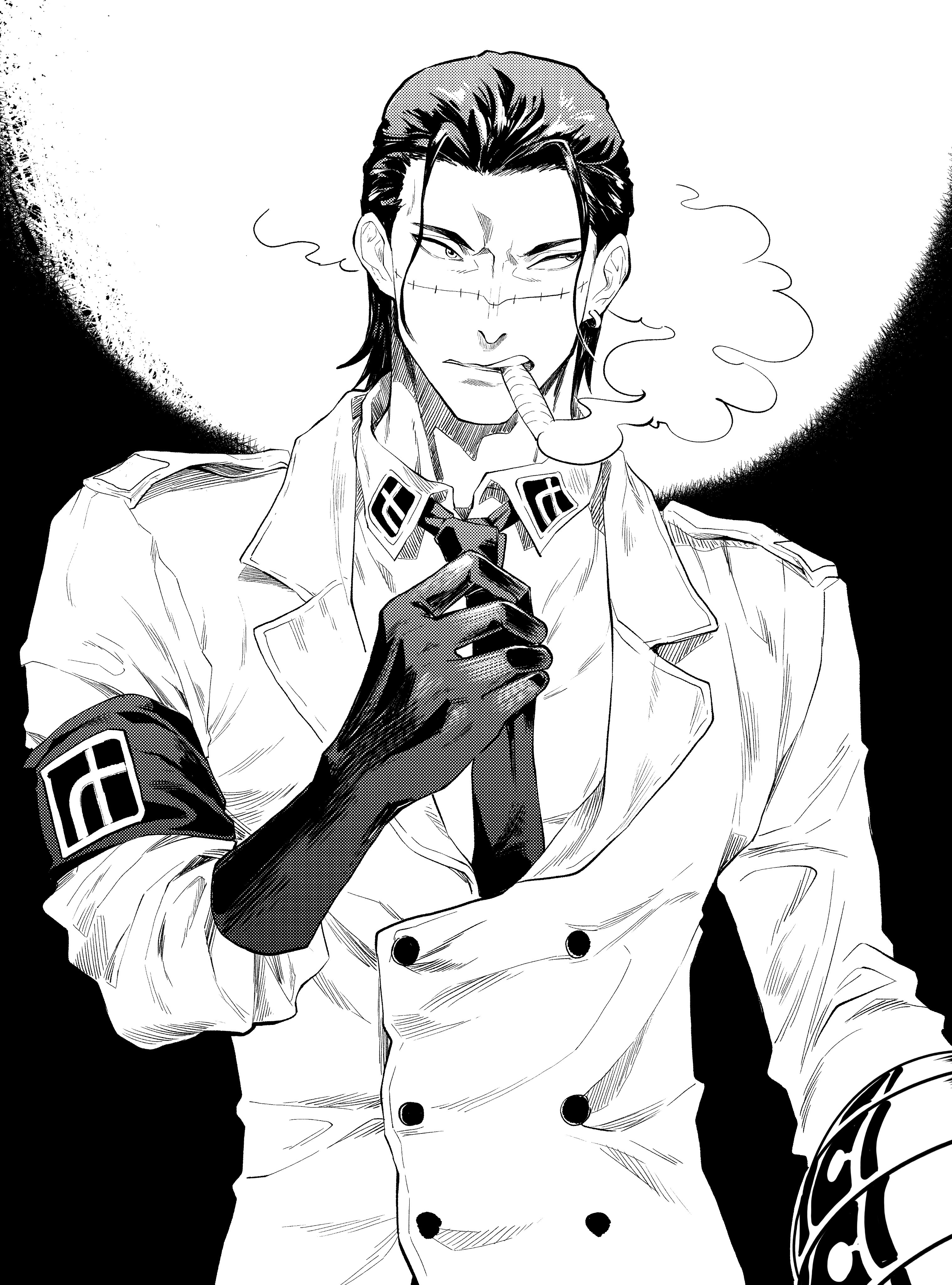 ngumngim, crocodile (one piece), one piece, absurdres, highres, 1boy, adjusting clothes, adjusting necktie, armband, cigar, collared shirt, earrings, gloves, greyscale, hair slicked back, jewelry, male focus, military uniform, monochrome, necktie, shirt, short hair, smoke, solo, stitched face, stitches, upper body