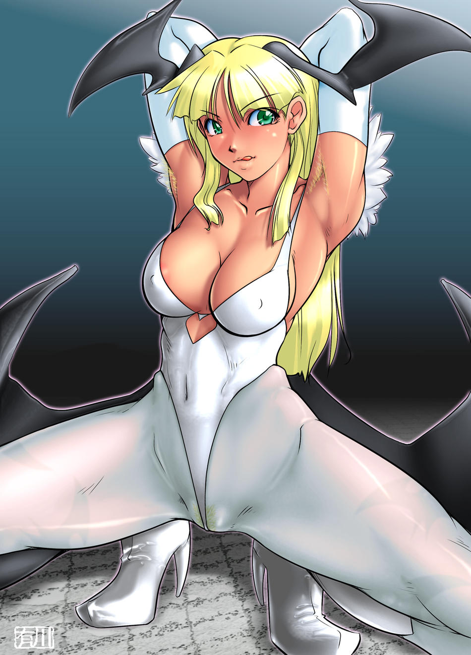qkat (arikawa-dou), morrigan aensland, capcom, darkstalkers, highres, 1girl, armpit hair, armpits, arms behind head, arms up, blonde hair, breasts, cleavage, covered navel, demon girl, female focus, green eyes, high heels, large breasts, leotard, licking lips, long hair, pubic hair, see-through clothes, solo, spread legs, tongue, tongue out
