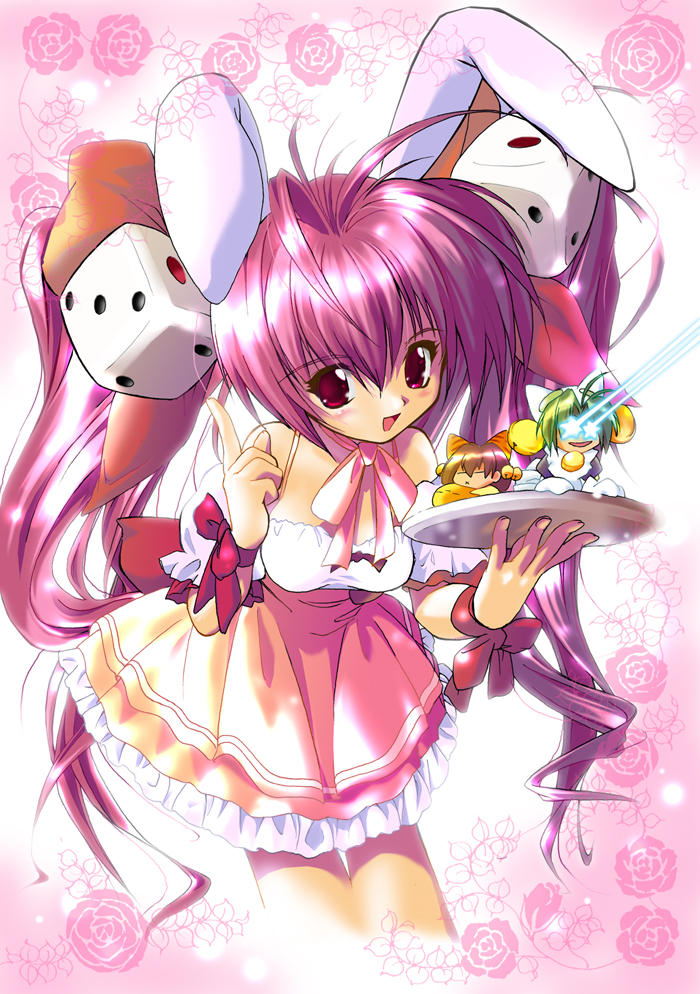dejiko, gema, puchiko, usada hikaru, di gi charat, tagme, animal ears, cat ears, dice, long hair, maid, mekara beam, pink hair, rabbit ears, red eyes, school uniform, waitress