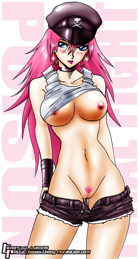 thong revolution, poison (final fight), capcom, final fight, purple headwear, 1girl, blue eyes, blush, breasts, brown shorts, clothes lift, clothes pull, collarbone, earrings, hat, jewelry, large breasts, long hair, navel, nipples, pink hair, pink lips, pubic hair, pussy, shirt, shirt lift, shorts, shorts pull, skull and crossbones, sparkle, tank top, uncensored, undressing, white background, white shirt, wristband