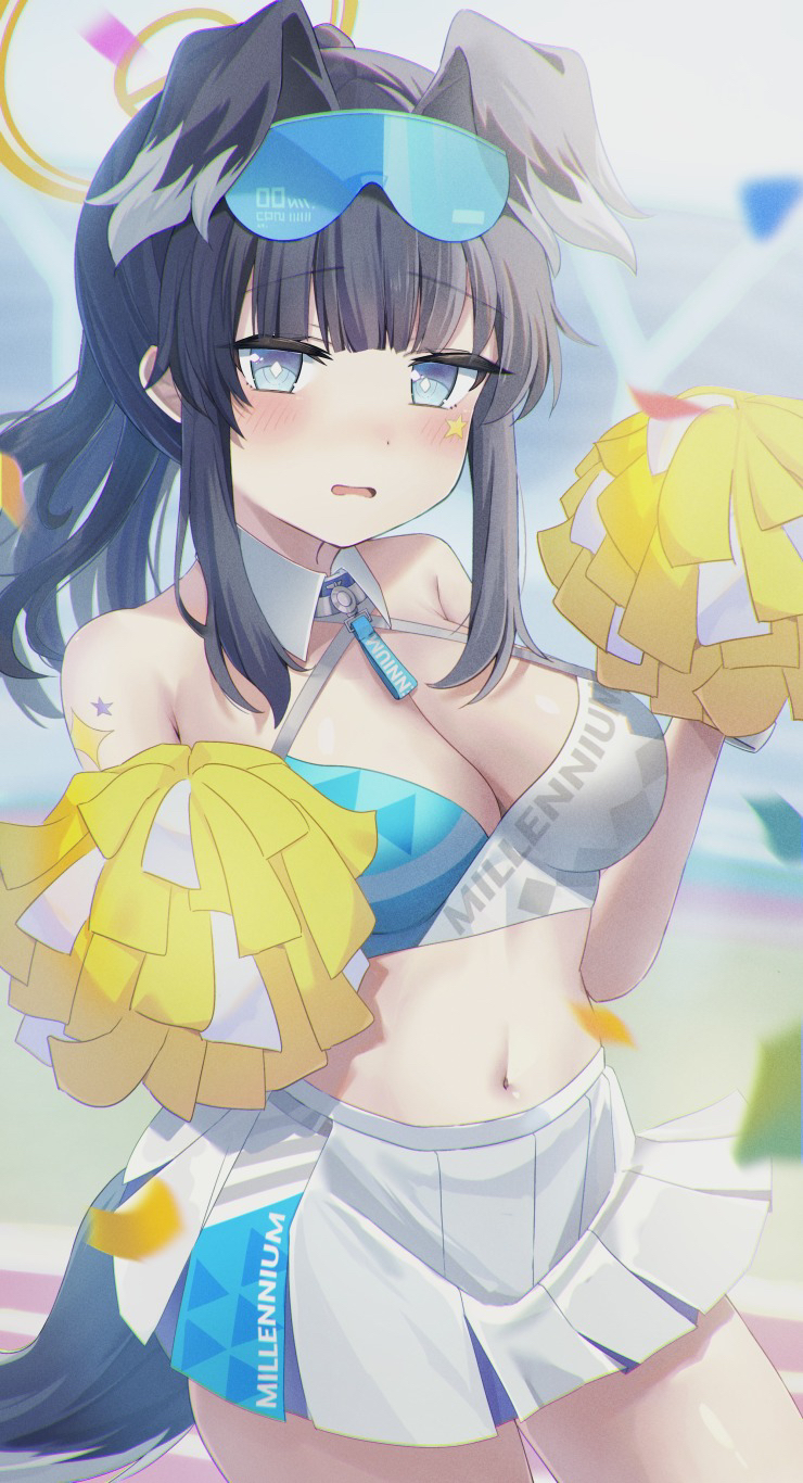 no.054 (adar5857), hibiki (blue archive), hibiki (cheer squad) (blue archive), blue archive, commentary, highres, 1girl, animal ears, bare shoulders, black hair, blue eyes, blunt bangs, blurry, blurry background, blush, breasts, bright pupils, character name, cheerleader, cleavage, confetti, cowboy shot, day, detached collar, diamond-shaped pupils, diamond (shape), dog ears, dog girl, dog tail, extra ears, floppy ears, frown, goggles, goggles on head, halo, hands up, holding, holding pom poms, long hair, looking at viewer, medium breasts, midriff, millennium cheerleader outfit (blue archive), miniskirt, navel, official alternate costume, official alternate hairstyle, open mouth, outdoors, pleated skirt, pom pom (cheerleading), pom poms, ponytail, sidelocks, skirt, solo, star (symbol), star sticker, sticker, sticker on face, symbol-shaped pupils, tail, white pupils, white skirt, yellow halo