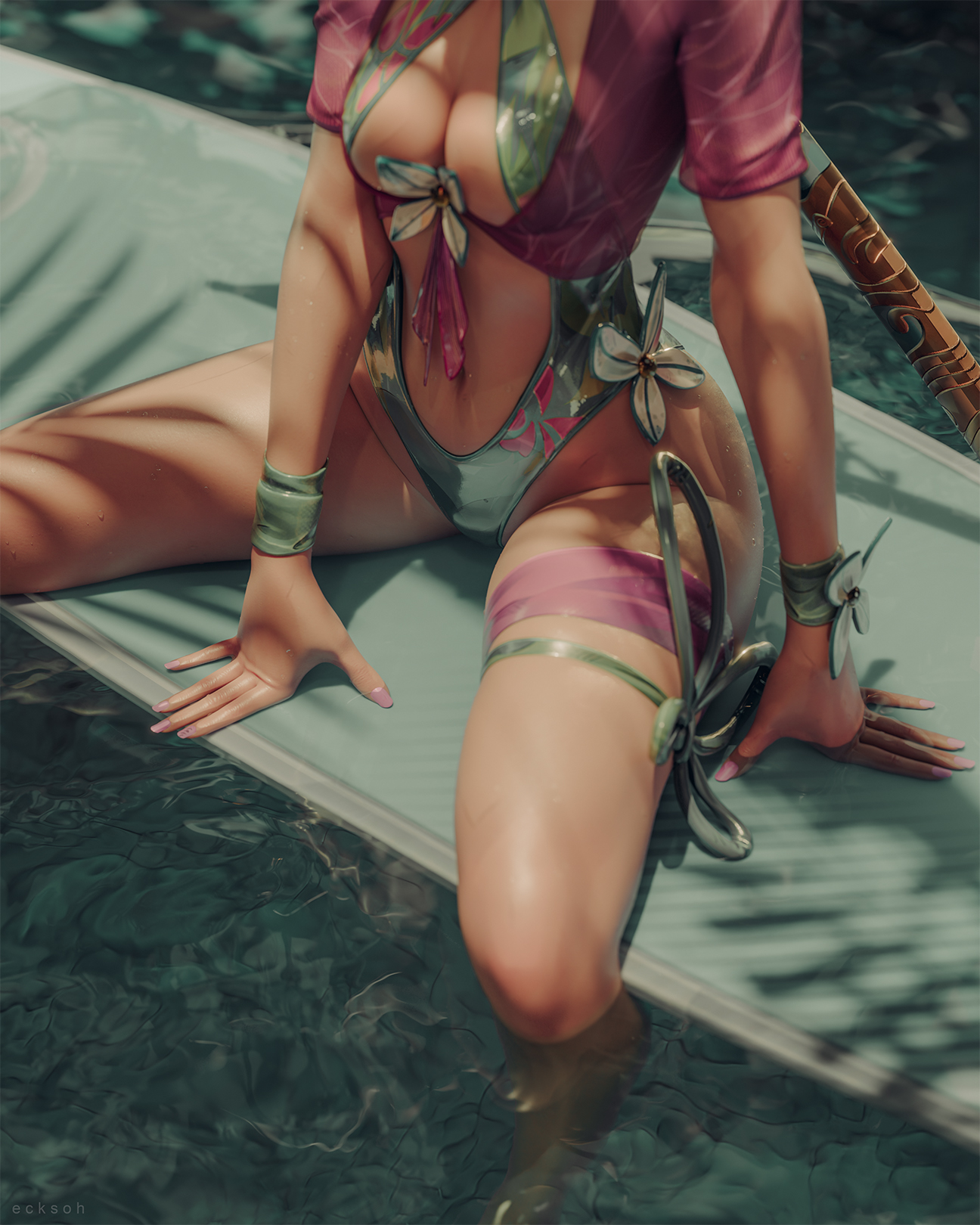 ecksoh, psylocke, psylocke (breezy butterfly), marvel, marvel rivals, x-men, highres, 1girl, 3d, breasts, butterfly ornament, cleavage, green one-piece swimsuit, large breasts, navel, official alternate costume, one-piece swimsuit, solo, swimsuit, water