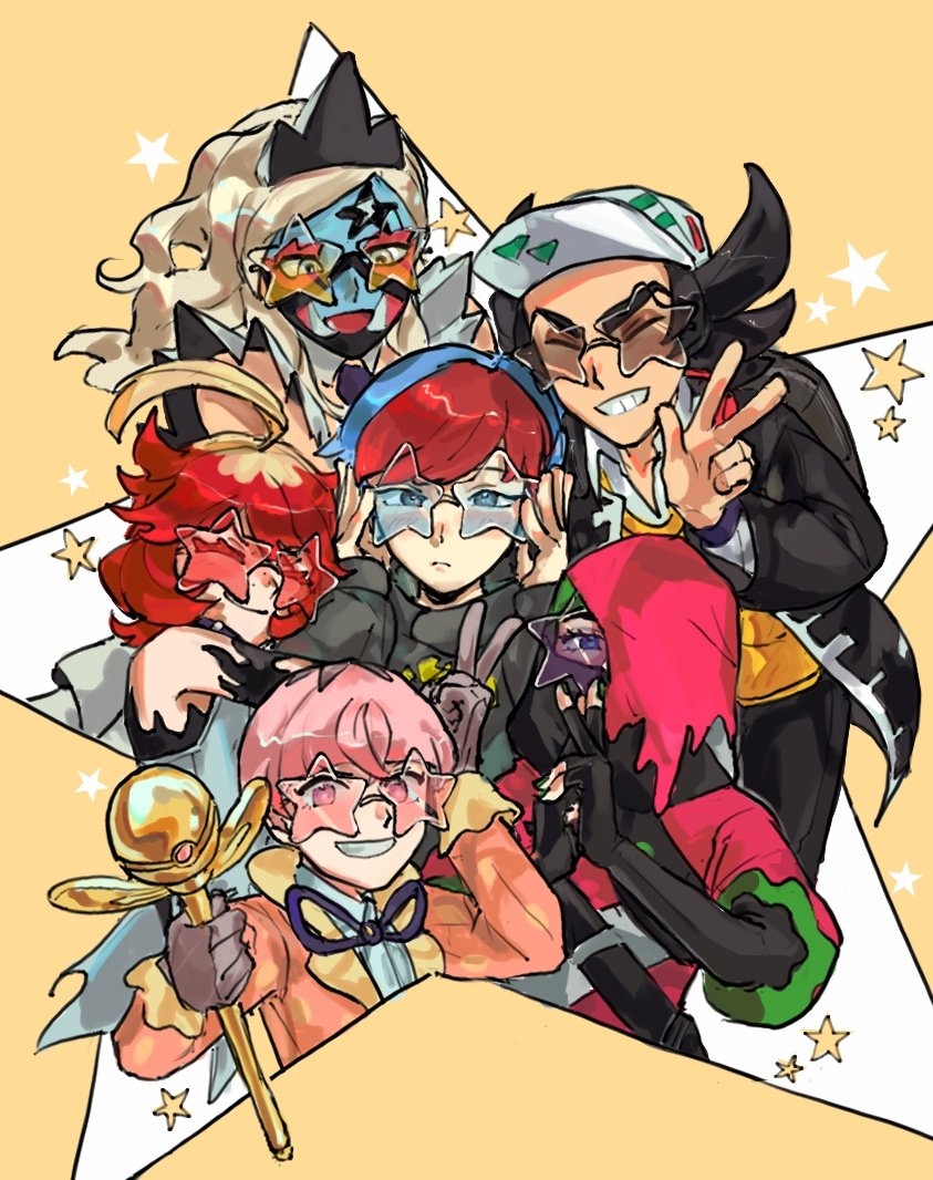 homes3eethome, atticus (pokemon), eri (pokemon), giacomo (pokemon), mela (pokemon), ortega (pokemon), penny (pokemon), nintendo, pokemon, pokemon sv, 3boys, 3girls, ahoge, baseball cap, black gloves, black hair, blonde hair, blue eyes, blue hair, bow, bowtie, closed eyes, collared shirt, detached sleeves, facepaint, fingerless gloves, freckles, glasses, gloves, grey eyes, grey gloves, grey hoodie, hat, headphones, holding, holding staff, hood, hoodie, jacket, long hair, long sleeves, looking at viewer, multicolored hair, multiple boys, multiple girls, open clothes, open jacket, open mouth, pink hair, pink jacket, pointy hair, purple bow, purple bowtie, purple eyes, red hair, round eyewear, shirt, short hair, simple background, staff, star-shaped eyewear, star (symbol), team star, two-tone hair, upper body, v, vest, white shirt, yellow background, yellow vest
