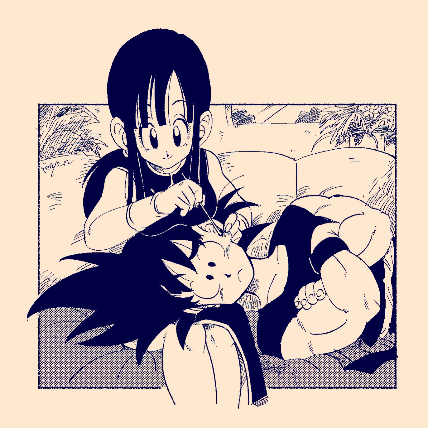 fenyon, chi-chi (dragon ball), son goku, dragon ball, dragon ball (classic), highres, 1boy, 1girl, breasts, china dress, chinese clothes, couple, crossed arms, dress, ear cleaning, lap pillow, long hair, medium hair, monochrome, sitting, spiked hair