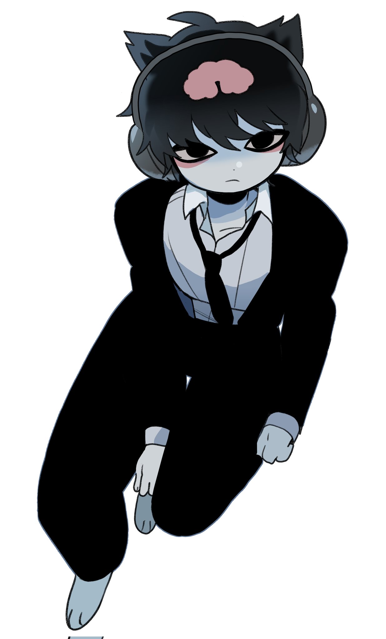 original, commentary, english commentary, highres, 1boy, black eyes, black hair, black necktie, black suit, cat (dilnyan03), dilnyan03, formal clothes, from above, hair ears, headphones, invisible chair, looking at viewer, male focus, necktie, short hair, simple background, sitting, solo, suit, white background