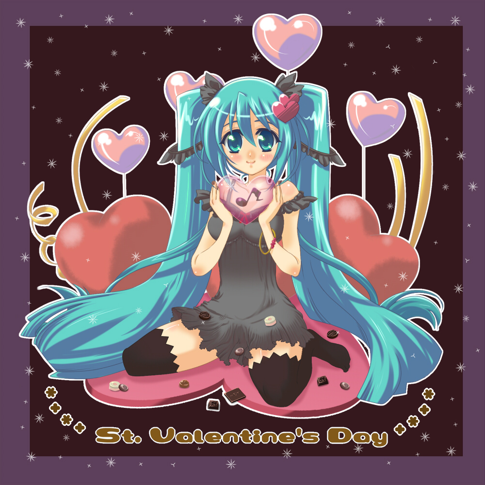 minose, minose (phe), hatsune miku, vocaloid, bad id, bad pixiv id, 1girl, aqua eyes, aqua hair, bracelet, chemise, chocolate, female focus, heart, jewelry, long hair, sitting, solo, thighhighs, twintails, valentine, very long hair