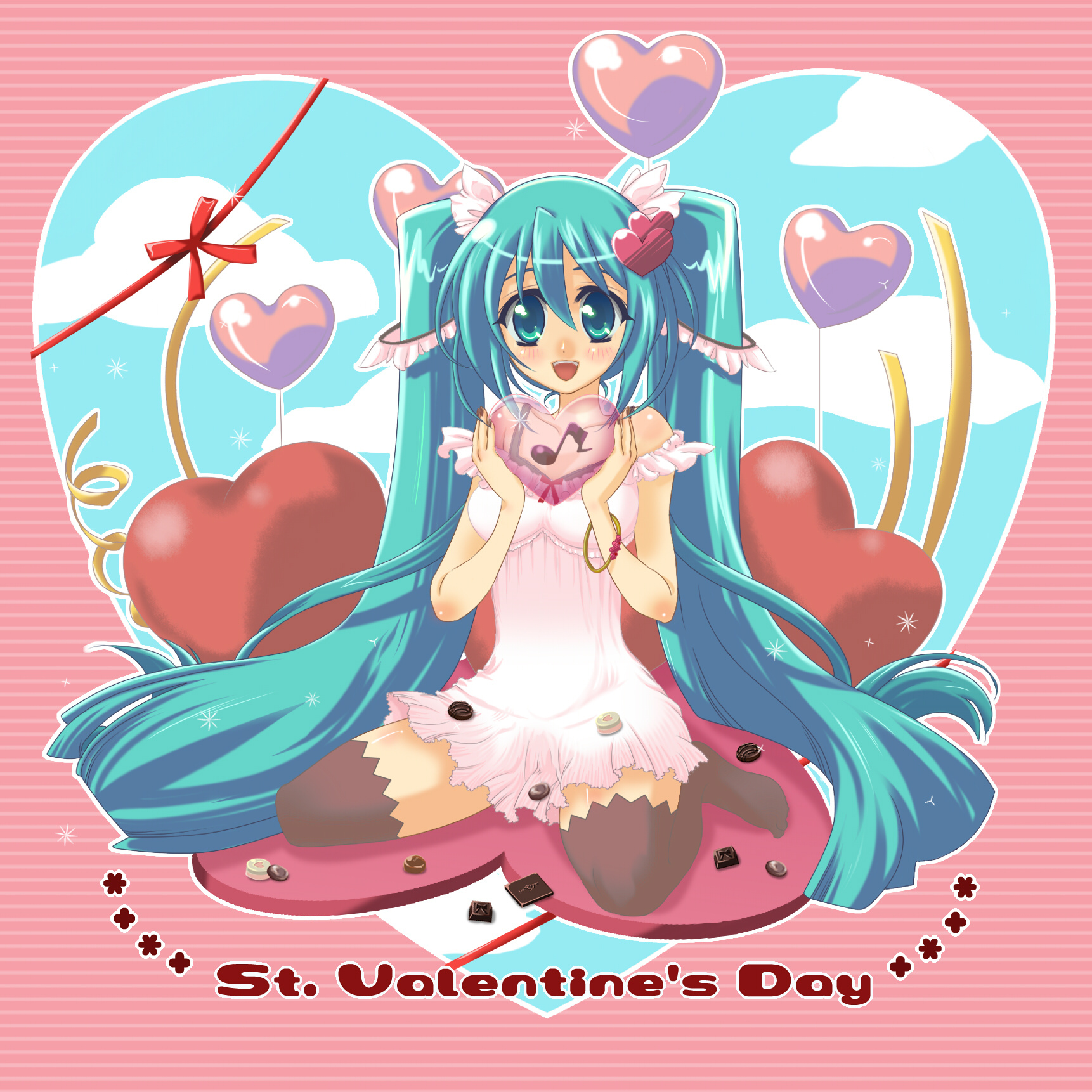 minose, minose (phe), hatsune miku, vocaloid, bad id, bad piapro id, highres, 1girl, aqua eyes, aqua hair, bracelet, chemise, chocolate, female focus, heart, jewelry, long hair, sitting, solo, thighhighs, twintails, valentine, very long hair