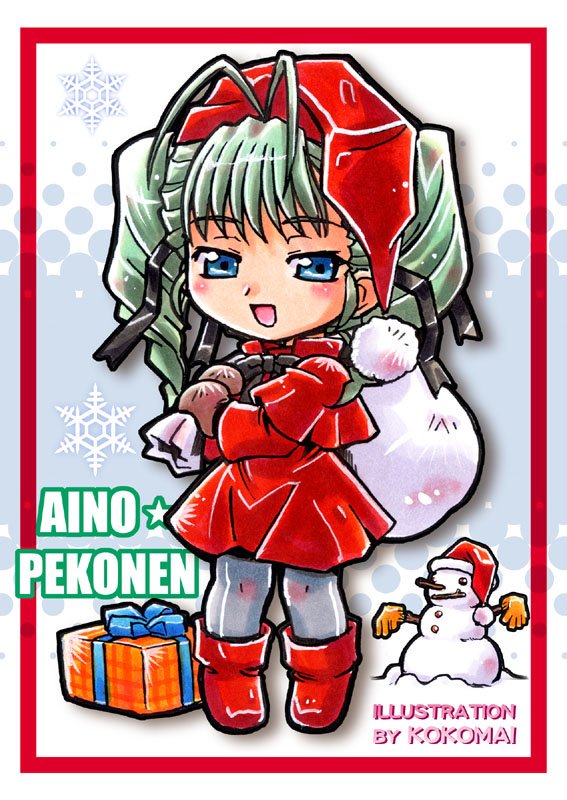 kokomahi, aino pekonen, kokoro navi, commentary request, 1girl, antenna hair, artist name, black bow, black bowtie, black ribbon, blue eyes, blue pantyhose, blue ribbon, boots, bow, bowtie, box, brown mittens, character name, chibi, chibi only, christmas, dress, drill hair, full body, gift, gift box, gloves, green hair, hair ribbon, half-closed eyes, hat, holding, holding sack, looking at viewer, medium hair, mittens, open mouth, pantyhose, red boots, red dress, red hat, ribbon, sack, santa costume, santa hat, smile, snowflakes, snowman, solo, standing, star (symbol), twin drills, twintails
