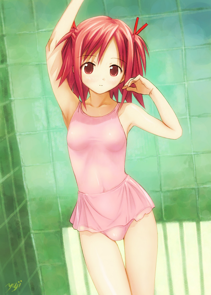 kobayashi yuji, sasaki makie, mahou sensei negima!, 00s, 1girl, armpits, arms up, camisole, female focus, leotard, pink eyes, pink hair, short hair, skirt, solo, twintails
