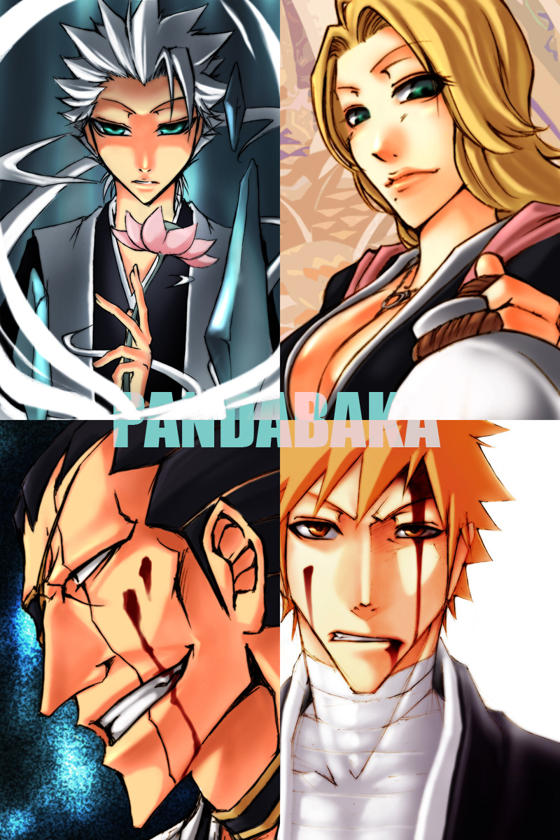 hitsugaya toushirou, kurosaki ichigo, matsumoto rangiku, zaraki kenpachi, bleach, artist request, highres, 00s, 1girl, 3boys, haori, japanese clothes, mole, mole under mouth, multiple boys, taichou haori