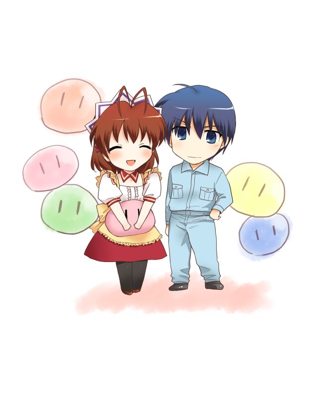 misaki juri, furukawa nagisa, okazaki tomoya, clannad, dango daikazoku, 00s, antenna hair, blue eyes, blue hair, blush, brown hair, chibi, closed eyes, dango, food, pantyhose, short hair, wagashi
