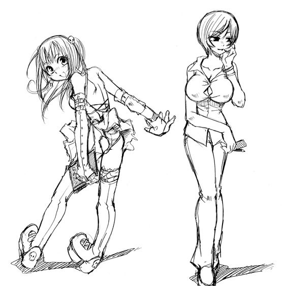 luciferhood, amane misa, death note, 00s, 2girls, blush, breasts, greyscale, large breasts, long hair, looking at viewer, monochrome, multiple girls, short hair, simple background, sketch, white background
