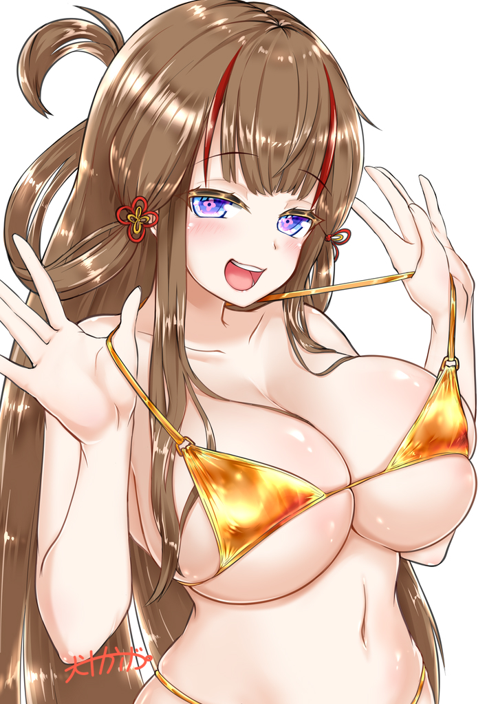 inutokage, toki (senran kagura), senran kagura, commentary request, 1girl, bikini, blue eyes, breasts, brown hair, chinese knot, collarbone, flower-shaped pupils, gold bikini, hair rings, large breasts, long hair, looking at viewer, multicolored hair, navel, open mouth, pink pupils, red hair, red streaks, smile, solo, streaked hair, swimsuit, symbol-shaped pupils, two-tone hair, very long hair