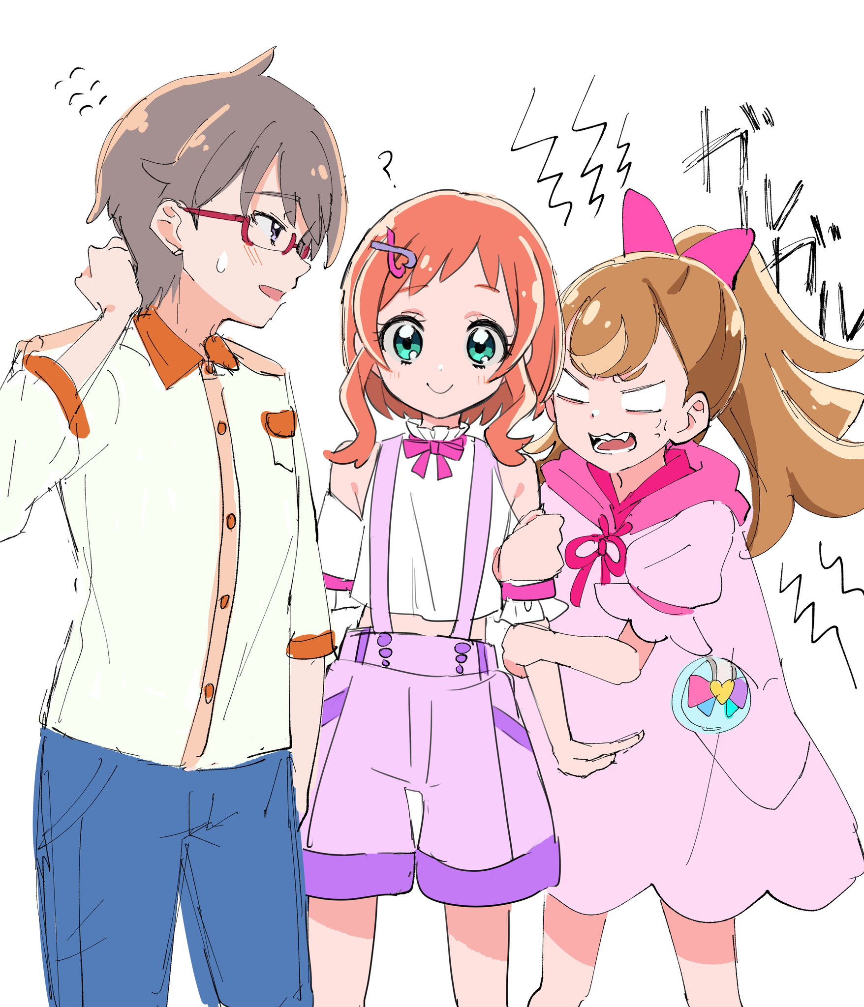 yumi san0112, inukai iroha, inukai komugi, toyama satoru, precure, wonderful precure!, commentary request, highres, 1boy, 2girls, ?, arm hug, bare shoulders, blank eyes, blue pants, brown hair, cowboy shot, dress, fangs, glasses, multiple girls, open mouth, orange hair, pants, pink dress, ponytail, purple shorts, short sleeves, shorts, simple background, smile, suspender shorts, suspenders, white background