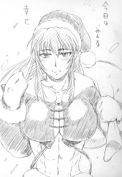buchou chinke, leona heidern, the king of fighters, 1girl, breasts, christmas, female focus, greyscale, hat, large breasts, monochrome, muscular, santa costume, santa hat, sketch, solo