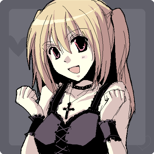 amane misa, death note, lowres, 00s, 1girl, :d, blonde hair, choker, cross, cross necklace, female focus, goth fashion, gothic lolita, grey background, jaggy lines, jewelry, lolita fashion, necklace, oekaki, open mouth, red eyes, sketch, smile, solo, two side up, upper body