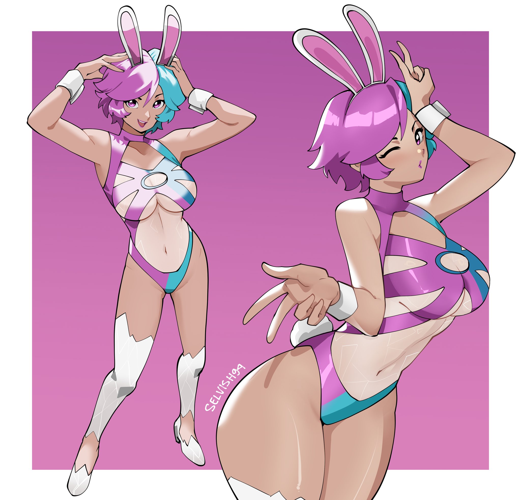selvish94, luna snow, marvel, marvel rivals, highres, 1girl, animal ears, breasts, gloves, heterochromia, large breasts, leotard, looking at viewer, multicolored hair, navel, one eye closed, playboy bunny, purple hair, rabbit ears, short hair, smile, split-color hair, two-tone hair