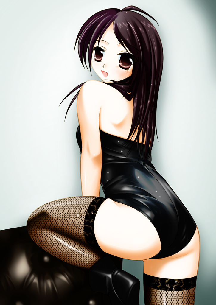 hiyou jun, ass, black hair, brown eyes, couch, fishnet thighhighs, fishnets, leotard, long hair, looking back, solo, thighhighs