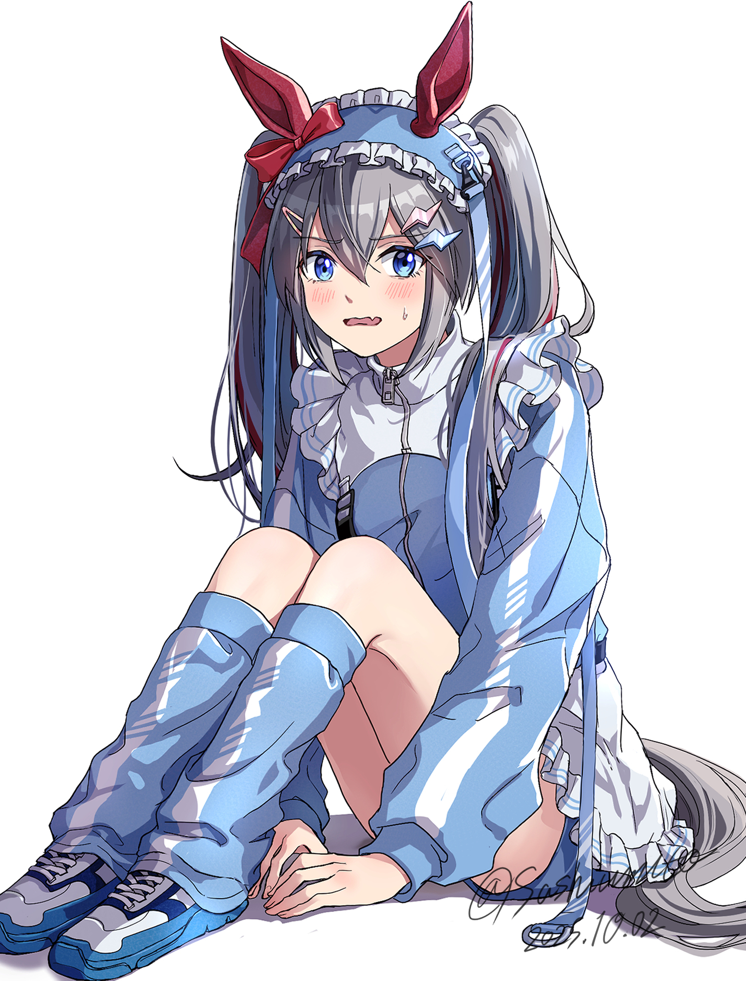 sashiumito, tamamo cross (umamusume), umamusume, umamusume: cinderella gray, highres, 1girl, alternate costume, animal ears, apron, blue eyes, blue headdress, blue jacket, blue shorts, blush, ear covers, fang, frilled apron, frills, grey hair, grey tail, hair between eyes, hair ornament, hairclip, horse ears, horse girl, horse tail, jacket, jersey maid, leg warmers, lightning bolt, lightning bolt hair ornament, lightning bolt symbol, long hair, long sleeves, looking at viewer, maid, maid apron, multicolored hair, open mouth, red hair, shoes, shorts, simple background, sitting, skin fang, solo, streaked hair, tail, track jacket, twintails, unconventional maid, very long hair, waist apron, white apron, white background