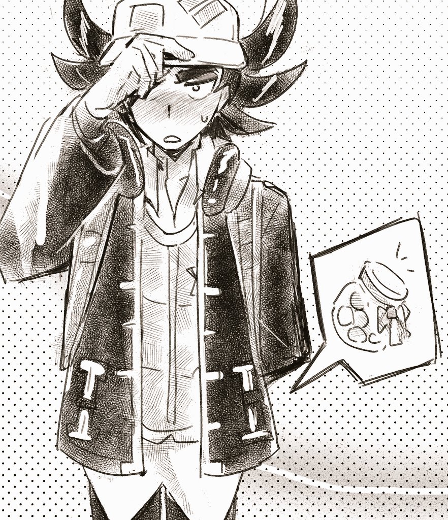 homes3eethome, giacomo (pokemon), nintendo, pokemon, pokemon sv, 1boy, baseball cap, black hair, black jacket, blush, collared shirt, dress shirt, full-face blush, greyscale, hand on headwear, hat, headphones, jacket, looking at viewer, male focus, monochrome, open clothes, open jacket, pointy hair, shirt, simple background, solo, standing, team star, upper body, vest, white background