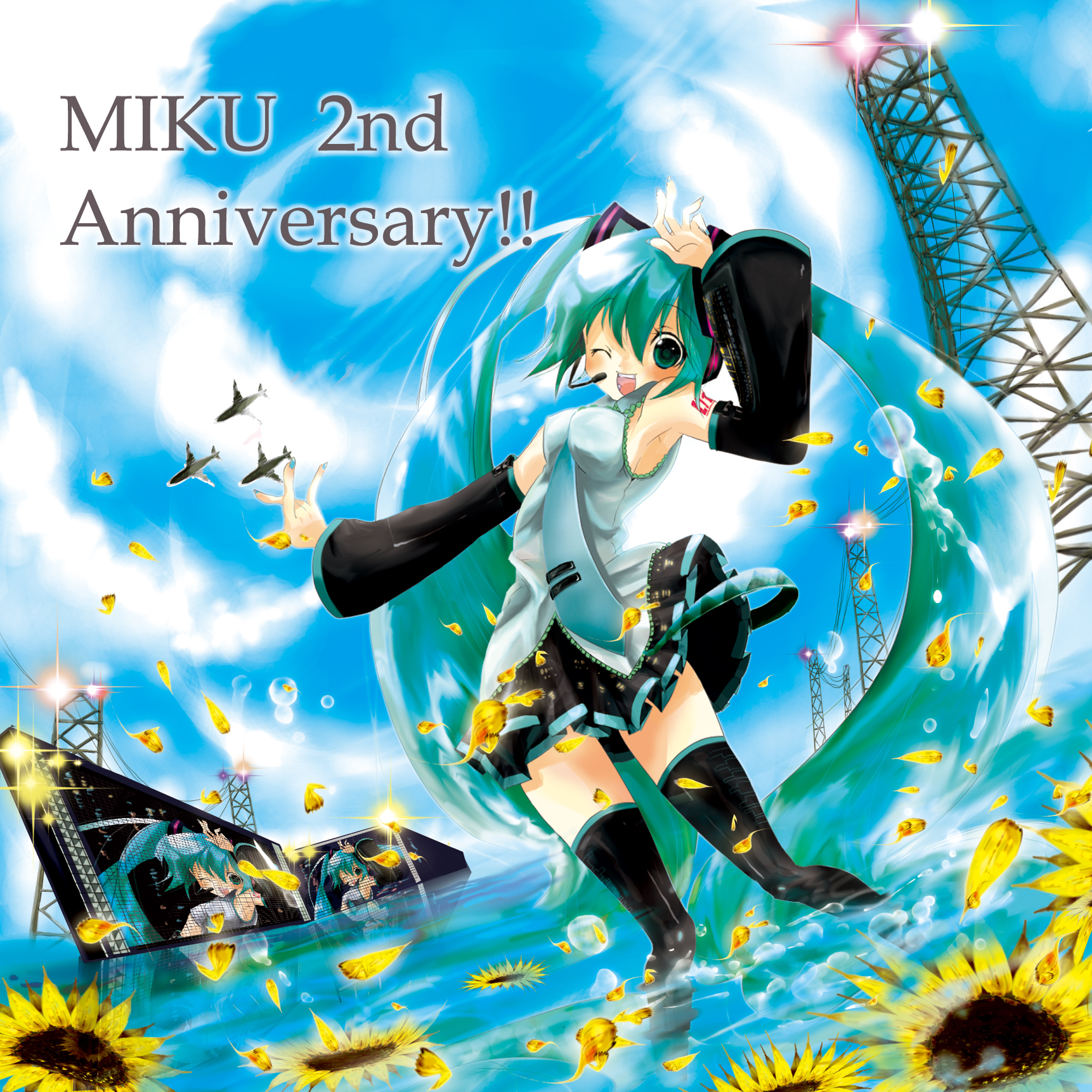 pompier, tsucaco, hatsune miku, vocaloid, highres, 1girl, aircraft, airplane, aqua eyes, aqua hair, cloud, day, detached sleeves, female focus, flower, long hair, necktie, one eye closed, skirt, sky, solo, sunflower, thighhighs, twintails, very long hair, water, wink