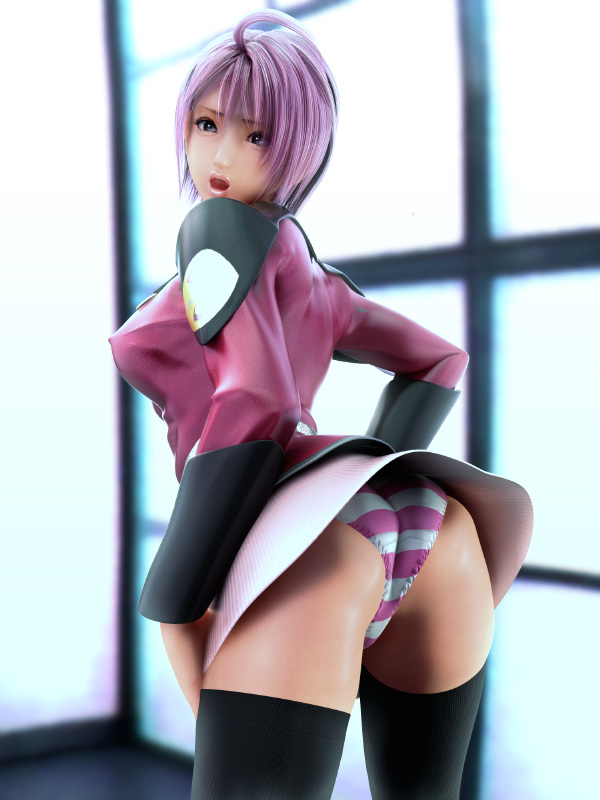 incise soul, m-rs, lunamaria hawke, gundam, gundam seed, gundam seed destiny, 00s, 1girl, 3d, ass, black leggings, black thighhighs, breasts, covered erect nipples, female focus, large breasts, leggings, miniskirt, open mouth, panties, pink hair, purple eyes, skirt, solo, striped clothes, striped panties, thighhighs, underwear, upskirt
