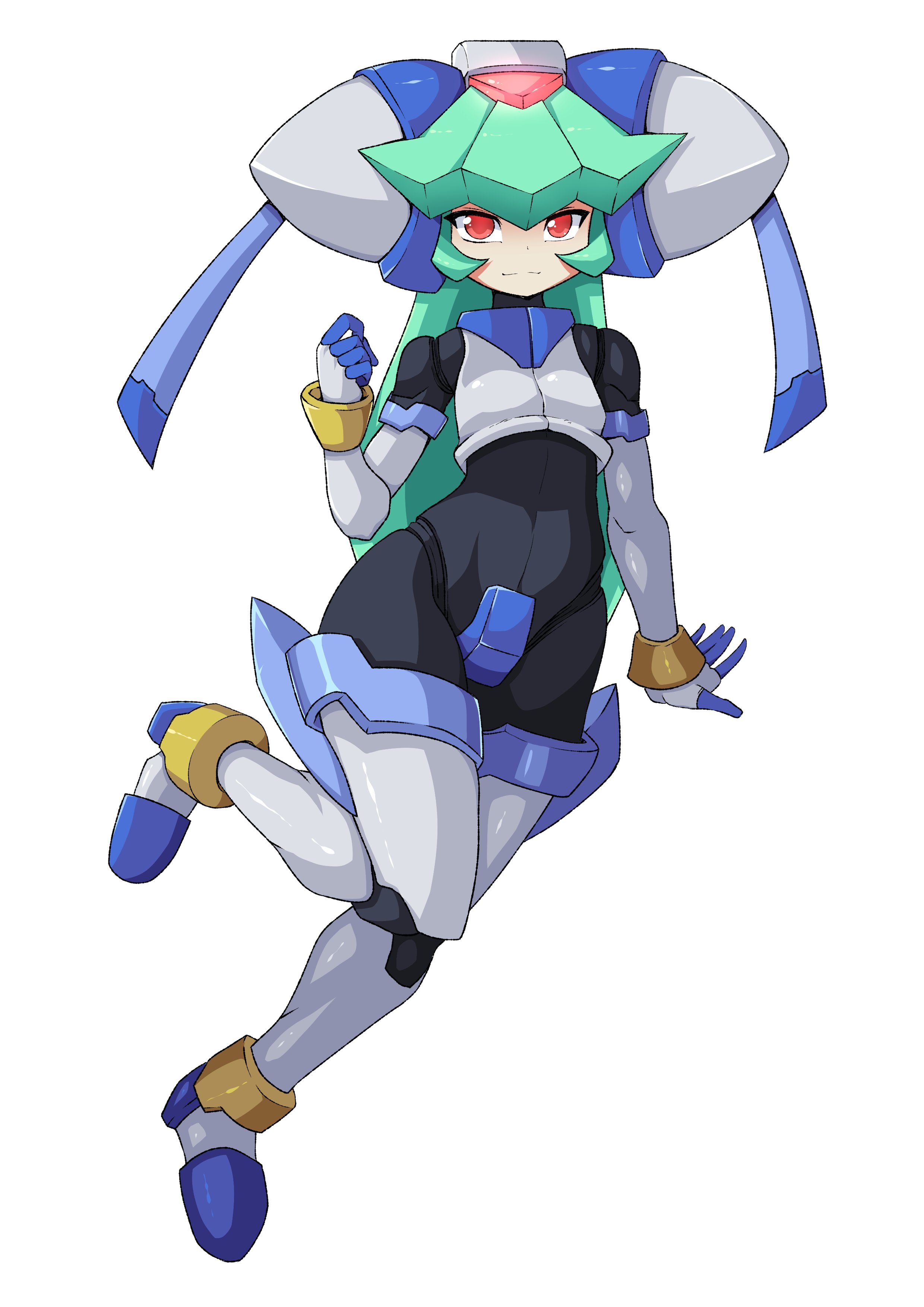 godichi, model w (mega man), pandora (mega man), mega man (series), mega man zx, absurdres, highres, 1girl, armor, crotch plate, forehead jewel, full body, green hair, helmet, long hair, red eyes, simple background, solo, white armor, white background, white helmet