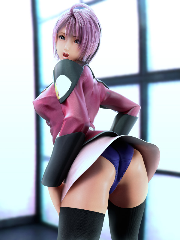 incise soul, m-rs, lunamaria hawke, gundam, gundam seed, gundam seed destiny, 00s, 1girl, 3d, ahoge, ass, black leggings, black thighhighs, blue panties, breasts, covered erect nipples, female focus, large breasts, leggings, miniskirt, open mouth, panties, pink hair, purple eyes, skirt, solo, thighhighs, underwear, upskirt