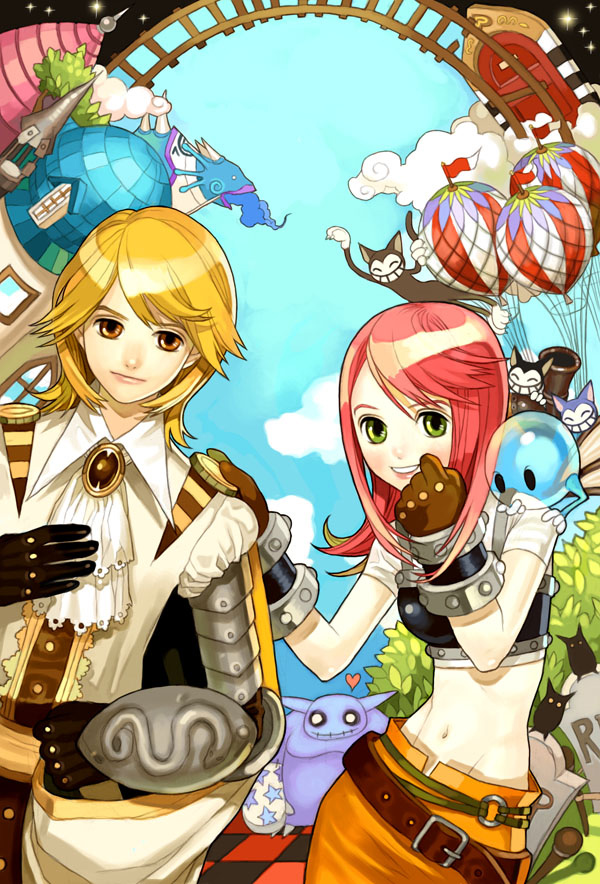 asgard, blue cat, nexon, artist request, character request, official art, second-party source, 1boy, 1girl, aircraft, armor, ascot, belt, belt buckle, black armor, black cat, black fur, blonde hair, blue fur, blue sky, blush, brooch, brown belt, brown gemstone, brown gloves, buckle, bush, cape, cat, checkered floor, cloud, counter, cowboy shot, crop top, cropped shirt, door, fantasy, gem, gloves, green eyes, grey cat, grey fur, grin, hand on another's shoulder, heart, hot air balloon, impasto, jewelry, lace, lace-trimmed ascot, lace-trimmed shirt, lace trim, lips, looking at viewer, loose belt, monster, narrow waist, navel, nostrils, o-ring, o-ring belt, open mouth, orange eyes, orange skirt, pencil skirt, pink hair, railroad tracks, rerebrace, shirt, short sleeves, silver armlet, skinny, skirt, sky, smile, swept bangs, teeth, tombstone, two-sided cape, two-sided fabric, two-tone fur, vambraces, white ascot, white cape, white fur, white shirt, wing collar, yellow shirt, yellow sleeves