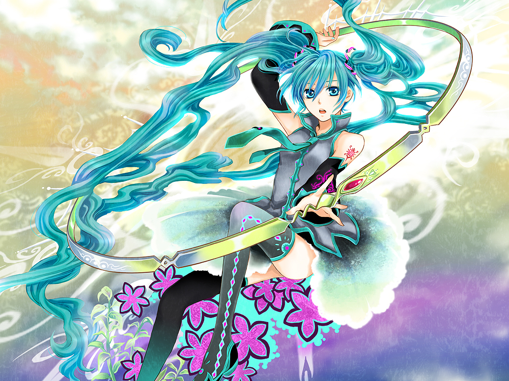 wool (kurokrkr), hatsune miku, vocaloid, aqua eyes, aqua hair, detached sleeves, hoop, long hair, necktie, skirt, solo, thighhighs, twintails, very long hair