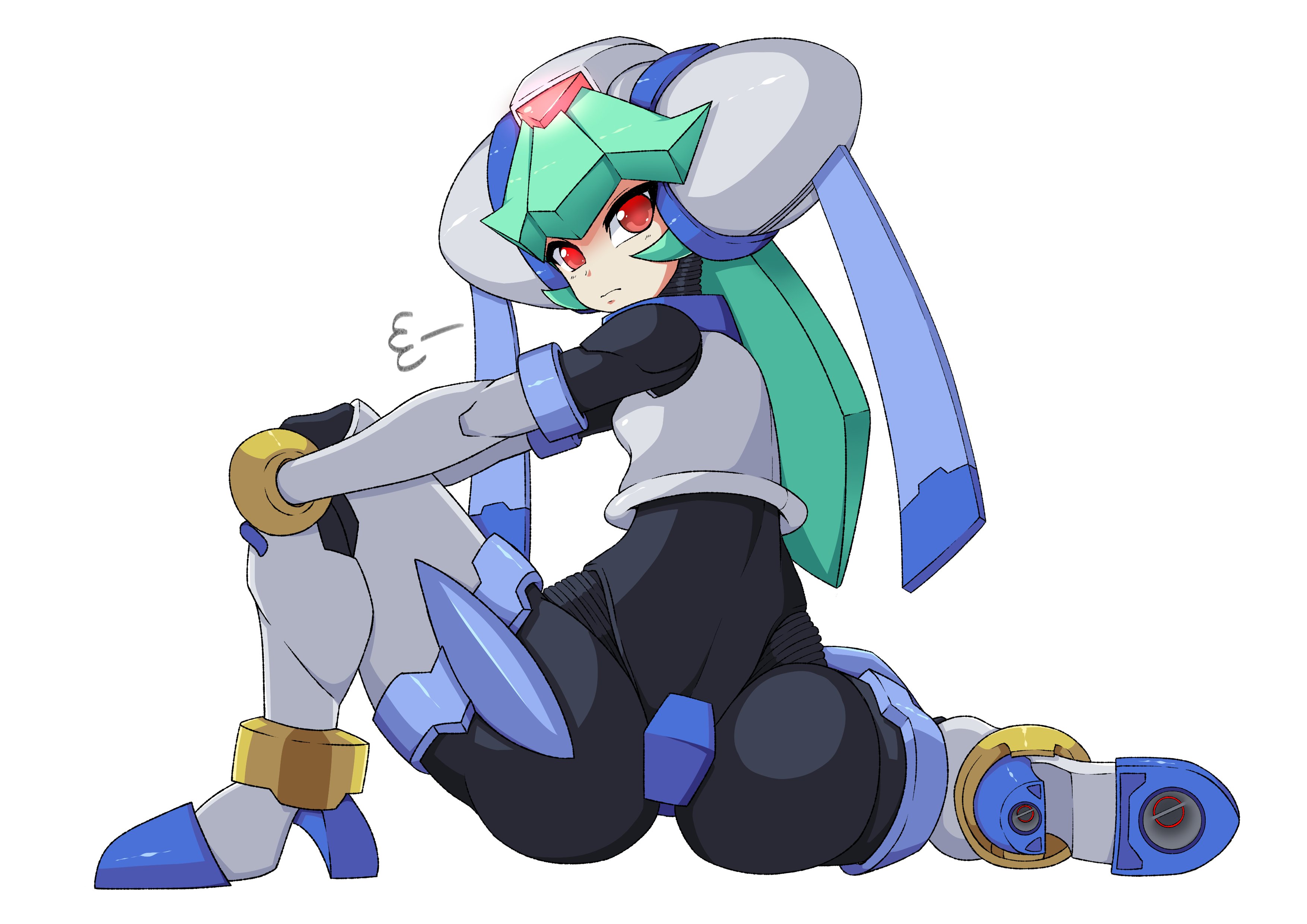 godichi, model w (mega man), pandora (mega man), mega man (series), mega man zx, absurdres, highres, 1girl, armor, ass, crotch plate, forehead jewel, from behind, full body, green hair, helmet, long hair, looking at viewer, looking back, red eyes, simple background, solo, white armor, white background, white helmet