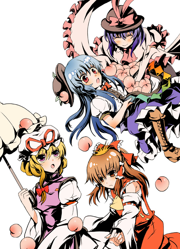 taki tarou, takitarou, hakurei reimu, hinanawi tenshi, nagae iku, yakumo yukari, touhou, bad id, bad pixiv id, 4girls, blonde hair, blue hair, blush, brown eyes, brown hair, closed eyes, female focus, food, fruit, hat, long hair, multiple girls, peach, purple eyes, purple hair, red eyes, ribbon, short hair