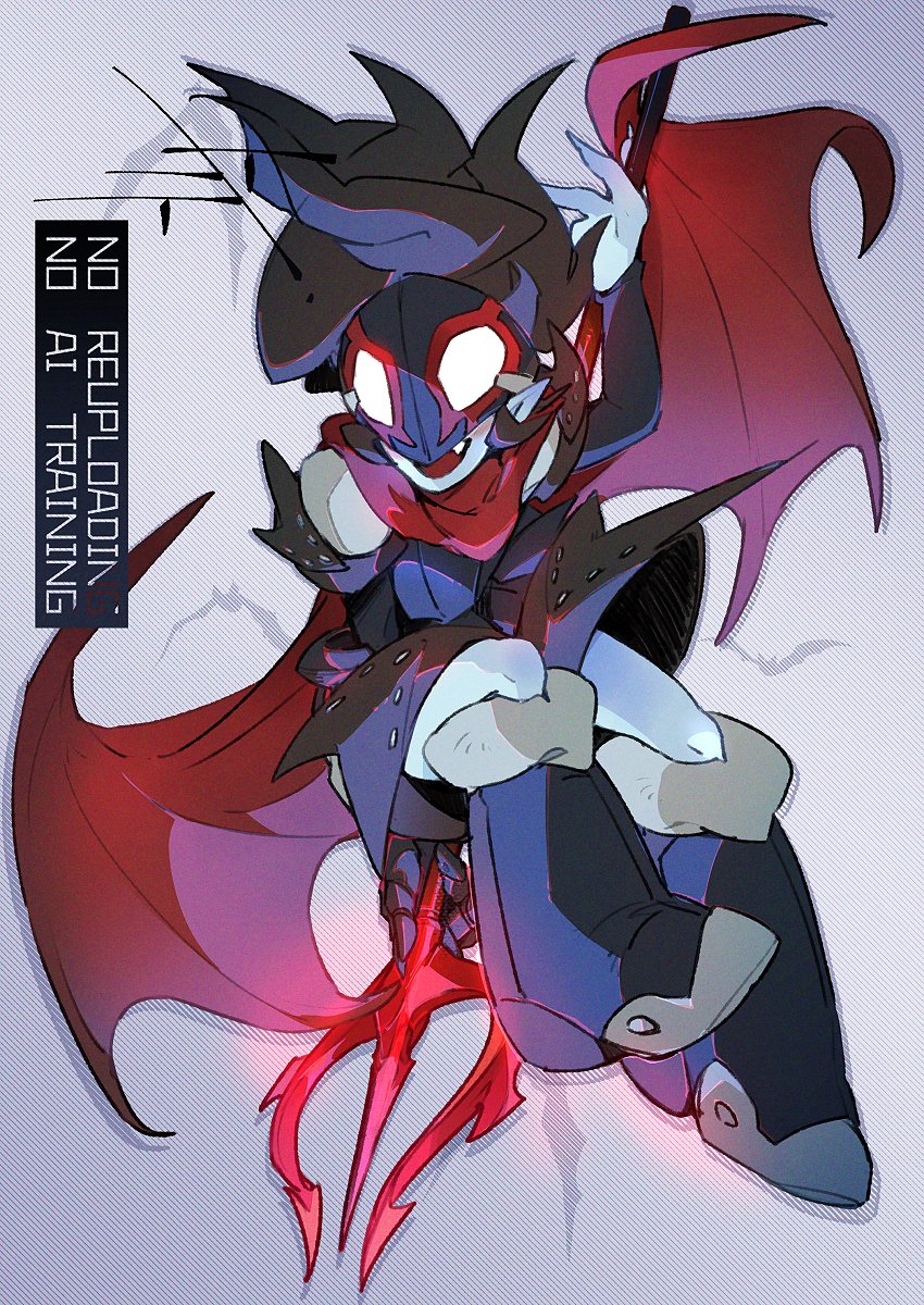 to i to io, bokura no taiyou, character request, highres, 1boy, black boots, blue skin, boots, colored skin, fang, full body, holding, holding polearm, holding weapon, pointy ears, polearm, red wings, simple background, solo, trident, watermark, weapon, wings