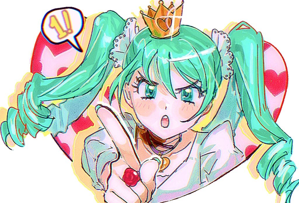 homes3eethome, hatsune miku, vocaloid, world is mine (vocaloid), !, 1girl, :o, aqua eyes, aqua hair, crown, dress, flower, heart, jewelry, long hair, looking at viewer, mini crown, necklace, open mouth, pointing, ring, rose, simple background, solo, twintails, upper body, white background, white dress