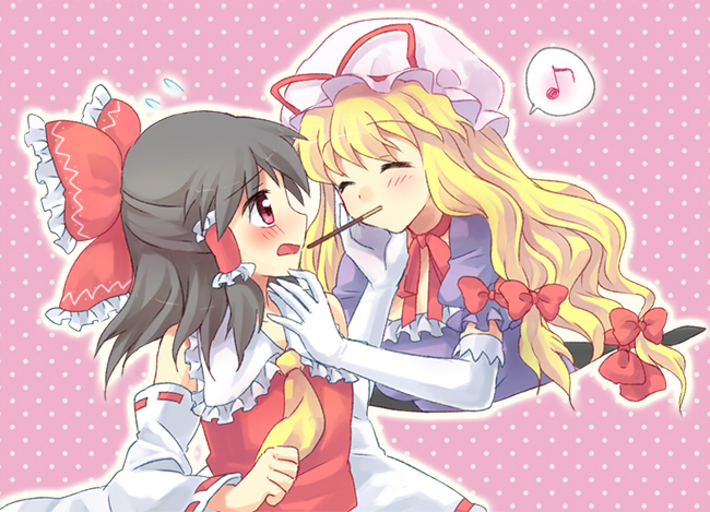 kuguri oimo, hakurei reimu, yakumo yukari, touhou, bad id, bad pixiv id, 2girls, black hair, blonde hair, blush, female focus, food, gap (touhou), gloves, hat, long hair, multiple girls, pocky, pocky kiss, ribbon, shared food, yuri