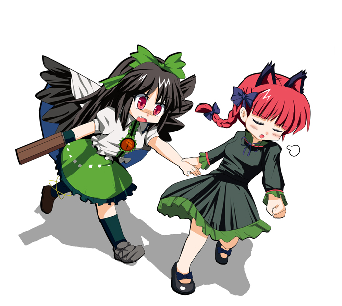 honba, kaenbyou rin, reiuji utsuho, touhou, bad id, bad pixiv id, 2girls, animal ears, black hair, blush, braid, cat ears, cat girl, dress, female focus, full body, long hair, multiple girls, red hair, ribbon, simple background, skirt, twintails, white background, wings