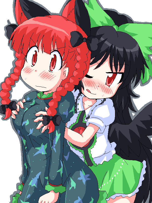 geetsu, kaenbyou rin, reiuji utsuho, touhou, 2girls, animal ears, black hair, blouse, blush, braid, breasts, cat ears, cat girl, cat tail, female focus, frilled shirt, frills, grabbing another's breast, grey outline, groping, long hair, multiple girls, outline, red eyes, red hair, ribbon, shirt, simple background, tail, twin braids, twintails, white background, white shirt, wings