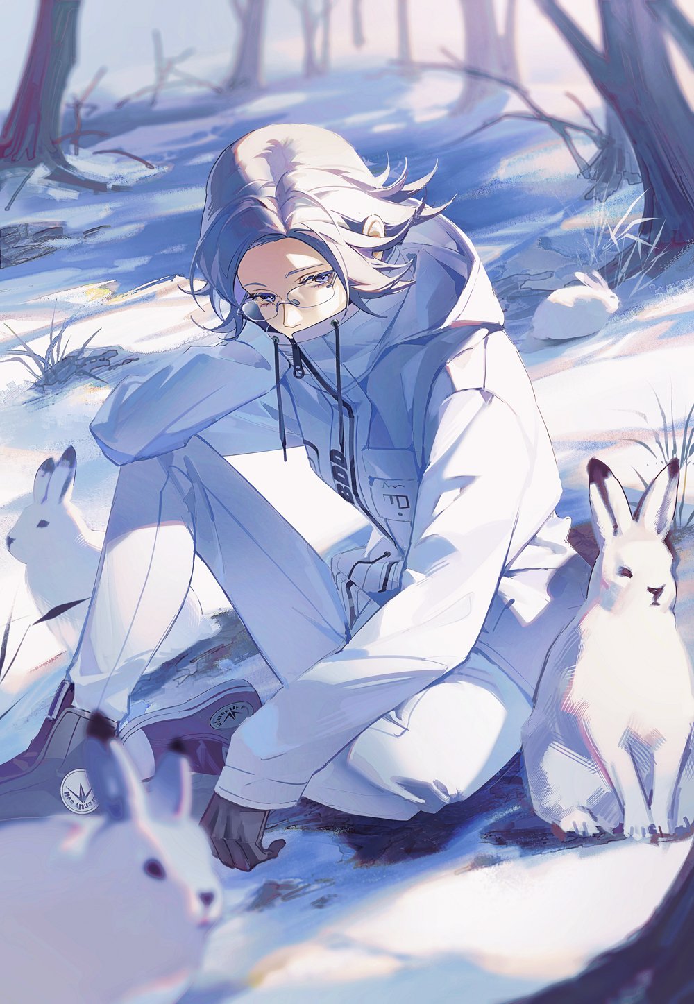 shiosakana, aotsuki eito, the hundred line -last defense academy-, commentary, highres, 1boy, bare tree, black gloves, black shoes, blurry, blurry foreground, breast pocket, covered mouth, drawstring, glasses, gloves, grey hair, jacket, knee up, looking to the side, male focus, on floor, outdoors, pants, pocket, purple eyes, rabbit, shoes, short hair, sitting, snow, solo, tree, white jacket, white pants, white rabbit (animal), zipper pull tab