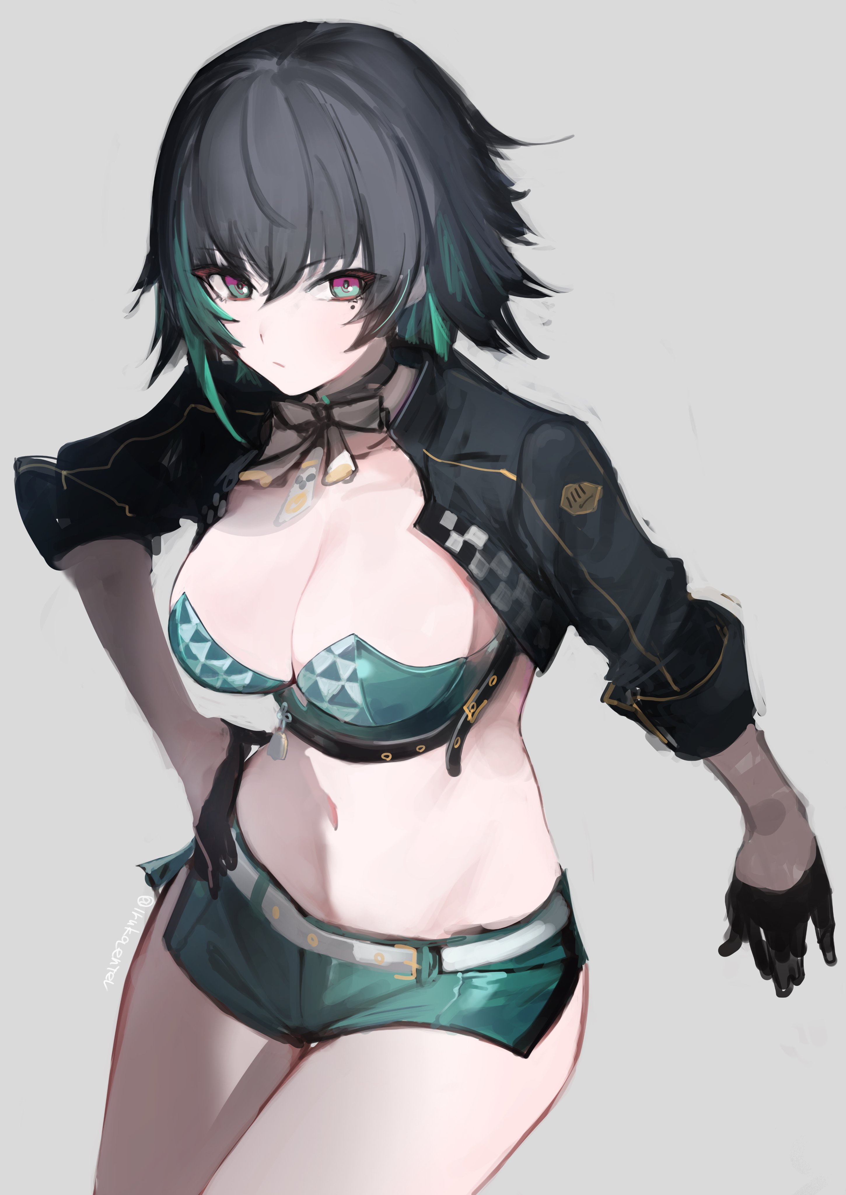 irikawa, zhaohui (girls' frontline 2), zhaohui (superspeed chequer) (girls' frontline 2), girls' frontline, girls' frontline 2: exilium, absurdres, highres, 1girl, belt, black hair, black shrug, bra, breasts, cleavage, gloves, green bra, green hair, green skirt, grey background, large breasts, looking at viewer, midriff, miniskirt, multicolored hair, navel, official alternate costume, pencil skirt, race queen, short hair, shrug (clothing), simple background, skirt, sleeves rolled up, solo, underwear