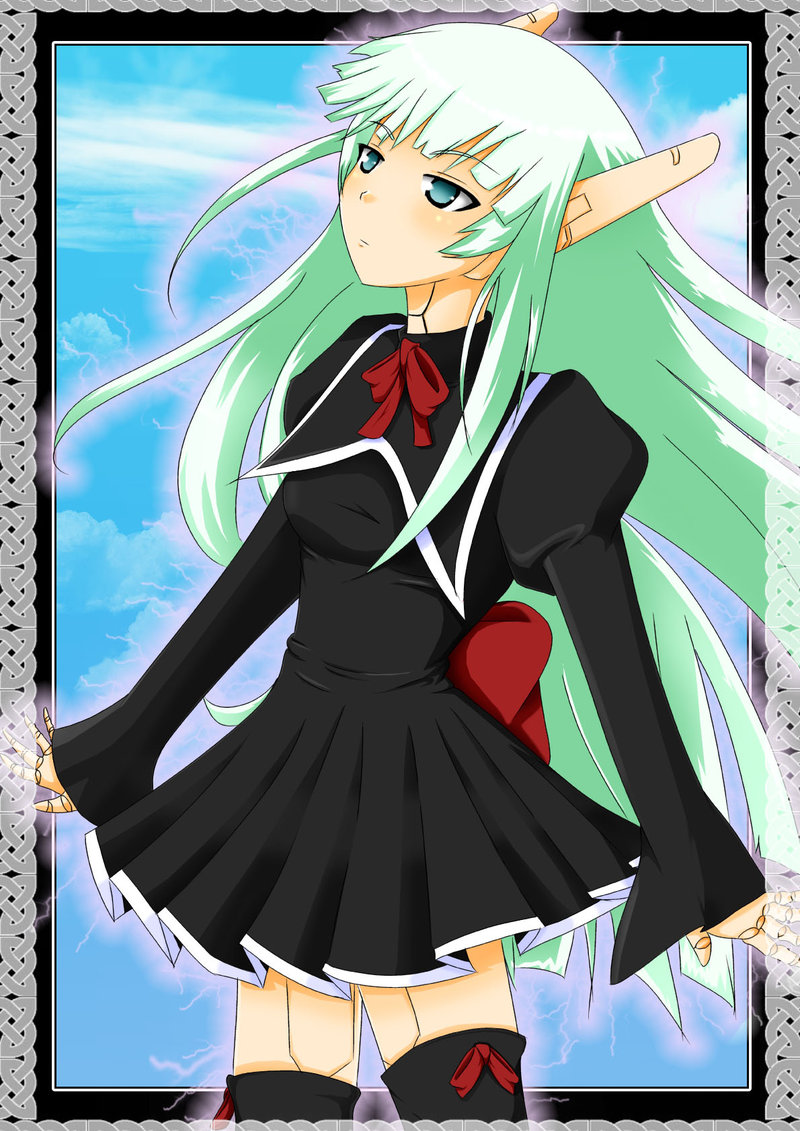 karakuri chachamaru, mahou sensei negima!, 00s, 1girl, bow, bowtie, cowboy shot, female focus, green eyes, green hair, long hair, long sleeves, looking up, matching hair/eyes, red bow, red bowtie, robot ears, solo, standing, thighhighs, very long hair, zettai ryouiki