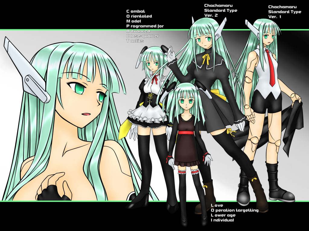 karakuri chachamaru, mahou sensei negima!, 00s, boots, child, gloves, green hair, long hair, maid, necktie, robot, robot ears, skirt, sleeveless, thighhighs, zettai ryouiki