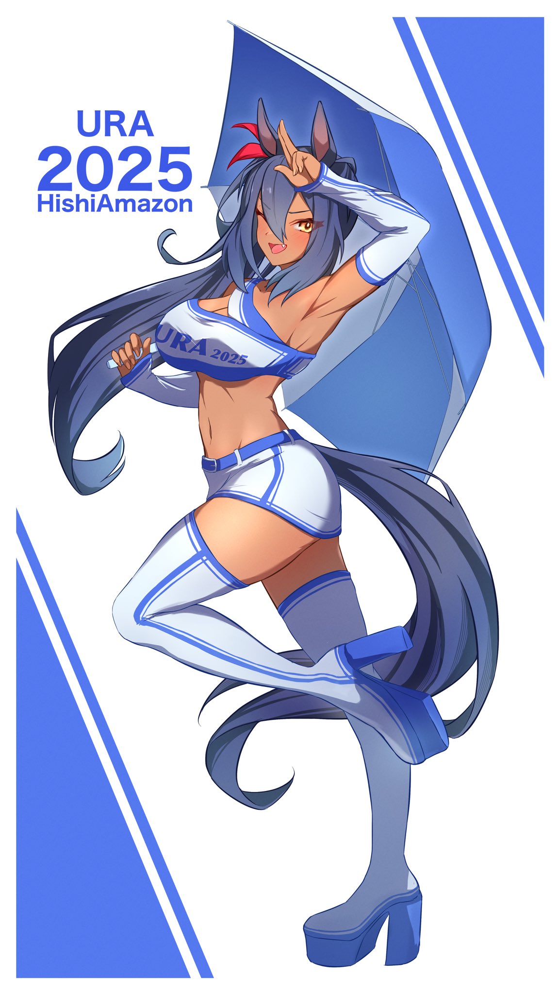 eve on k, hishi amazon (umamusume), umamusume, commentary request, commission, highres, skeb commission, 1girl, 2025, ;d, alternate costume, animal ears, arm up, armpits, bare shoulders, belt, blue belt, blue hair, breasts, character name, cleavage, clothes writing, dark-skinned female, dark skin, detached sleeves, ear scrunchie, fang, high heels, holding, holding umbrella, horse ears, horse girl, horse tail, knee up, large breasts, long hair, looking at viewer, midriff, miniskirt, navel, one eye closed, open mouth, race queen, red scrunchie, scrunchie, skirt, sleeves past wrists, smile, solo, standing, standing on one leg, stomach, tail, thighhighs, thighs, two-tone bandeau, two-tone skirt, two-tone sleeves, two-tone thighhighs, umbrella, very long hair
