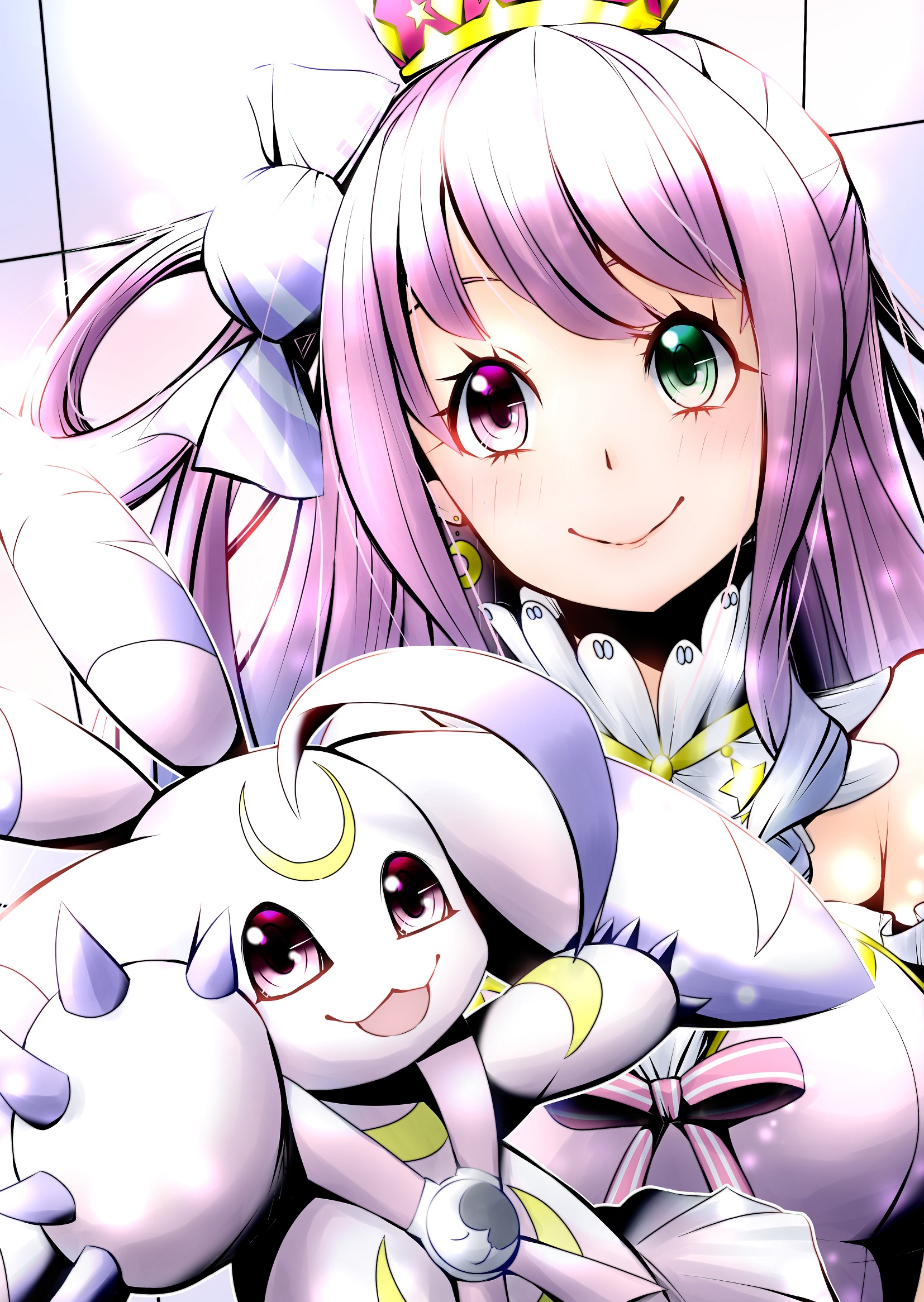 mitosupa (qsiqydfz7nesh9w), himemori luna, lunamon, digimon, hololive, highres, crescent, crossover, crown, digimon (creature), eyelashes, green eyes, heterochromia, long hair, mini crown, name connection, purple eyes, purple hair, virtual youtuber
