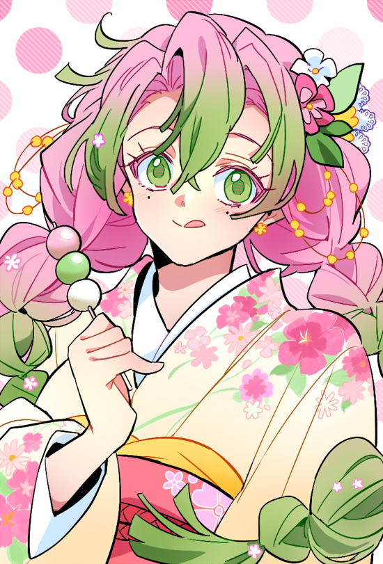 ungungzza, kirijou mitsuru, kimetsu no yaiba, commentary request, 1girl, :p, blush, braid, dango, eyelashes, floral print, floral print kimono, flower, food, green hair, hair between eyes, hair flower, hair ornament, japanese clothes, kimono, looking at viewer, mole, mole under eye, multicolored hair, obi, pink hair, polka dot, polka dot background, print kimono, sanshoku dango, sash, sidelocks, smile, solo, tongue, tongue out, twin braids, two-tone hair, upper body, wagashi, wide sleeves