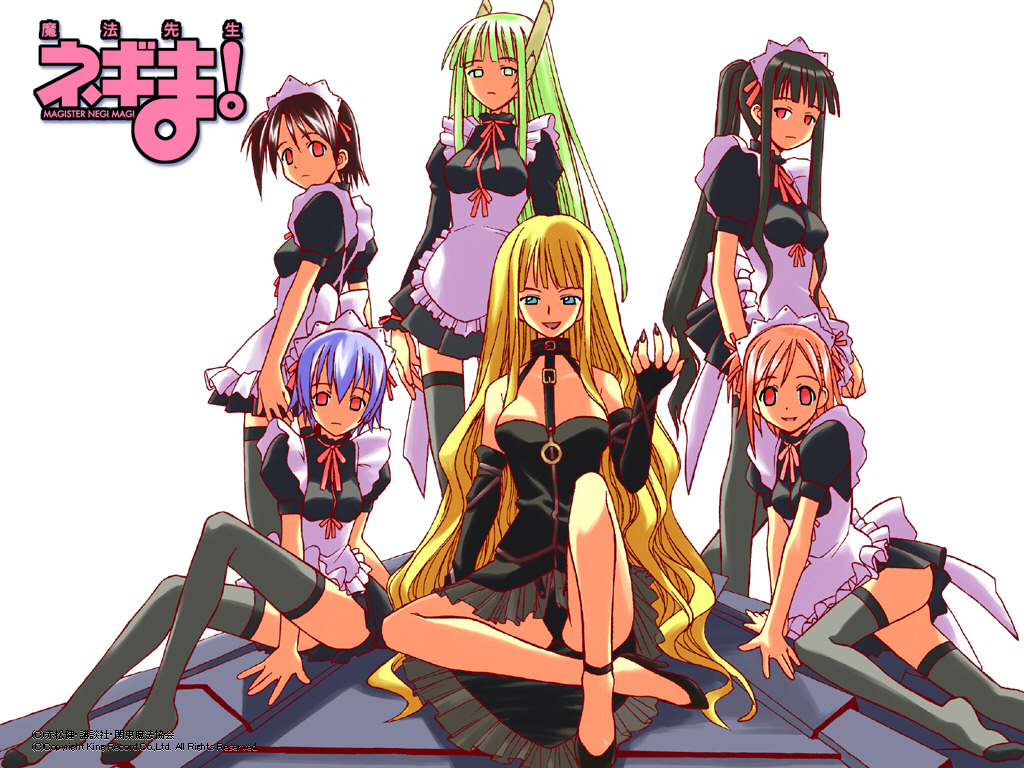 akashi yuuna, evangeline a.k. mcdowell, evangeline a.k. mcdowell (adult), izumi ako, karakuri chachamaru, ookouchi akira, sasaki makie, mahou sensei negima!, 00s, 6+girls, aged up, alternate costume, black panties, copyright name, empty eyes, english text, enmaided, high heels, long hair, maid, mind control, miniskirt, multiple girls, panties, ponytail, robot ears, shoes, skirt, thighhighs, underwear, vampire