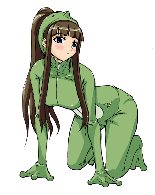 motsu, motsu (negima), ookouchi akira, mahou sensei negima!, 00s, 1girl, all fours, animal costume, blue eyes, blush, brown hair, female focus, frog costume, solo
