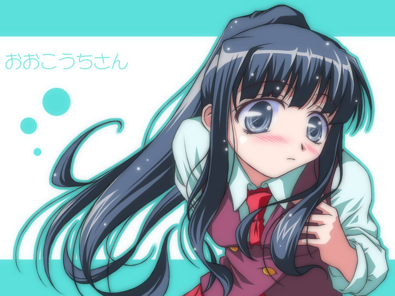 ookouchi akira, mahou sensei negima!, tagme, translation request, 00s, black hair, blunt bangs, blush, breasts, closed mouth, facing viewer, grey eyes, high ponytail, japanese text, leaning forward, long hair, looking at viewer, medium breasts, necktie, ponytail, red necktie, school uniform, shirt, shy, solo