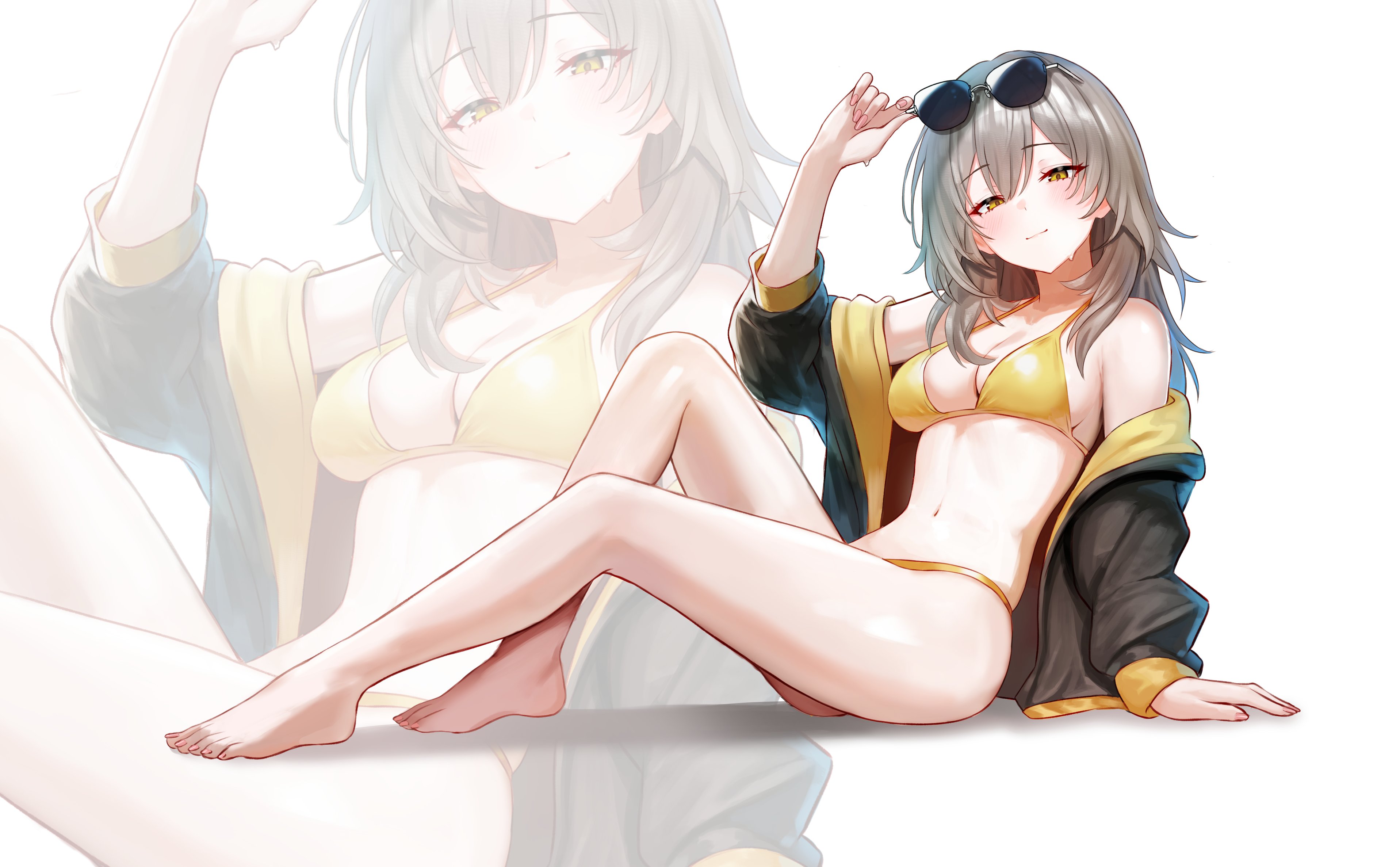 kano (wi3028), stelle (honkai: star rail), trailblazer (honkai: star rail), honkai: star rail, honkai (series), absurdres, commentary, hashtag-only commentary, highres, 1girl, adjusting eyewear, barefoot, bikini, black jacket, blush, breasts, cleavage, closed mouth, eyewear on head, fingernails, from side, full body, grey hair, hair between eyes, hand on eyewear, jacket, long hair, looking at viewer, medium breasts, navel, open clothes, open jacket, sitting, stomach, swimsuit, tinted eyewear, very long hair, white hair, yellow bikini, yellow eyes, zoom layer